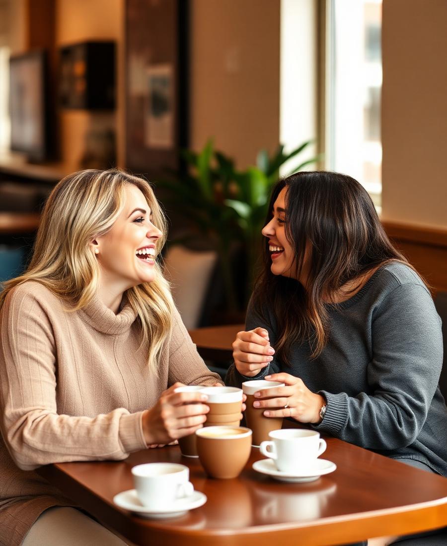 Friends laughing over coffee